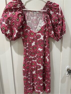 Zara Pink Floral Puff-Sleeve Mini Dress